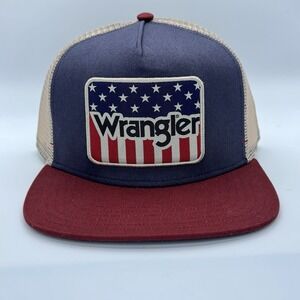Wrangler Hat Cap Snap Back Navy Khaki Red Mesh Trucker Patch American Flag Mens